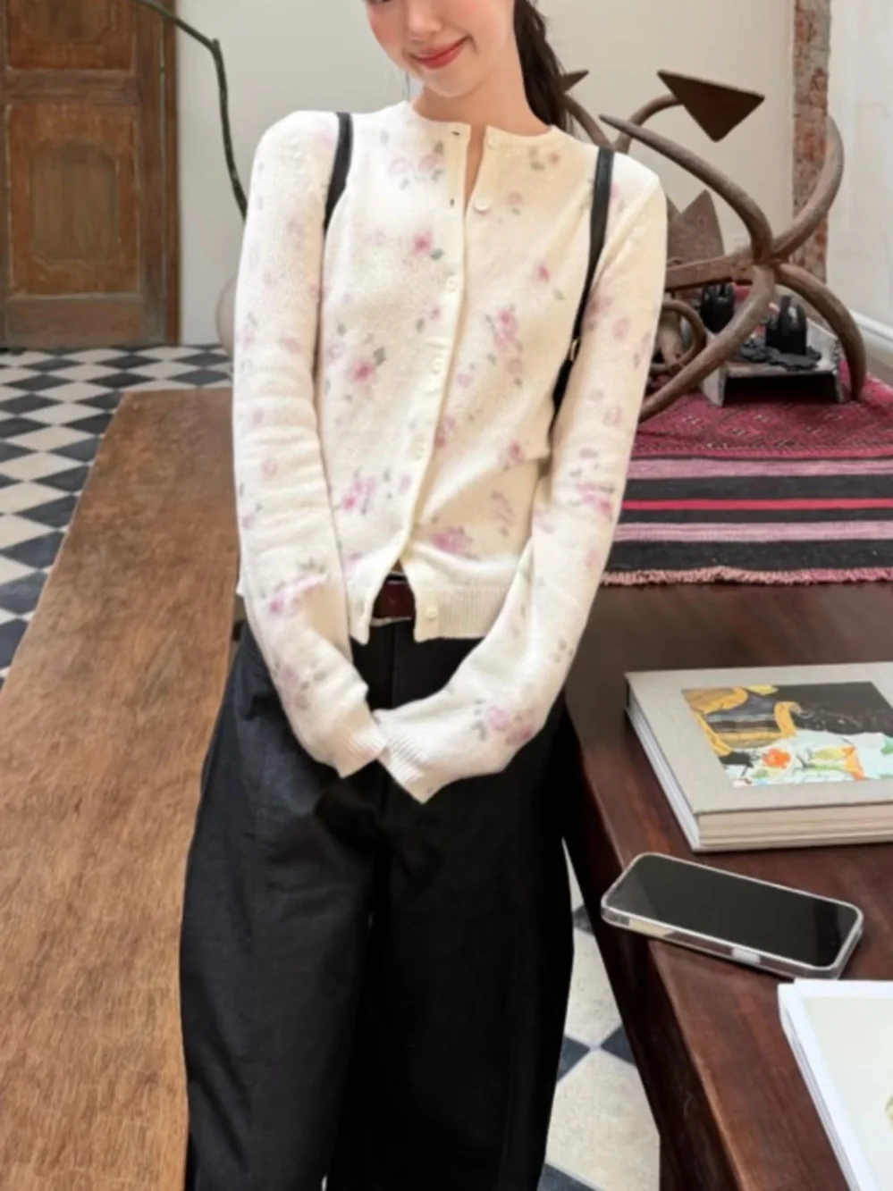 Cream Floral Button-Up Women's Cardigan Sweater